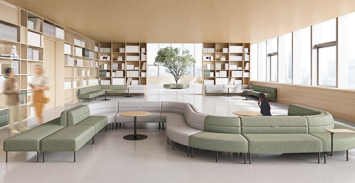 Modular lounge seating in a JoyDesk workspace
