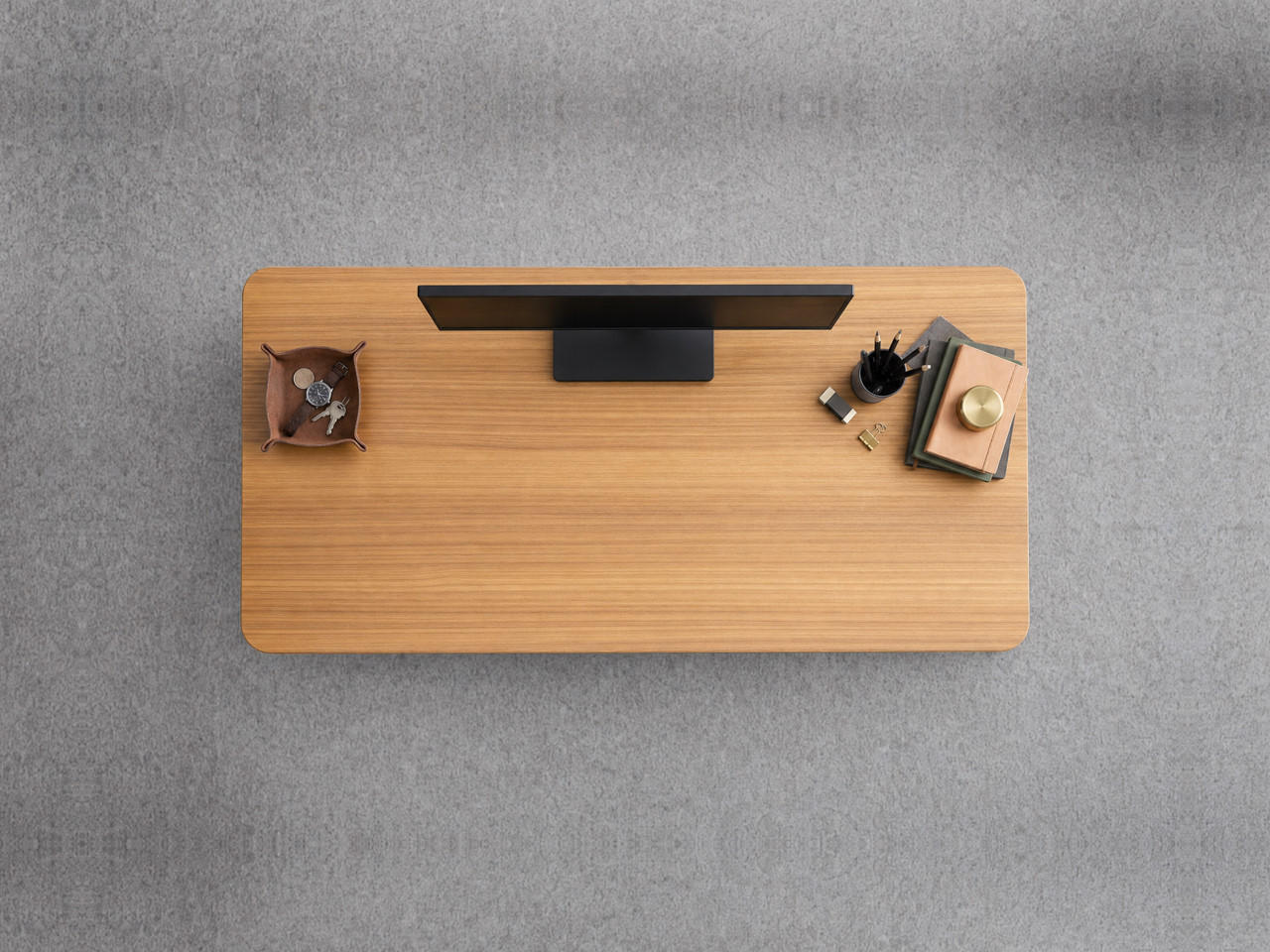 A JoyDesk desk topped in Bamboo at 1200mm, seen from above