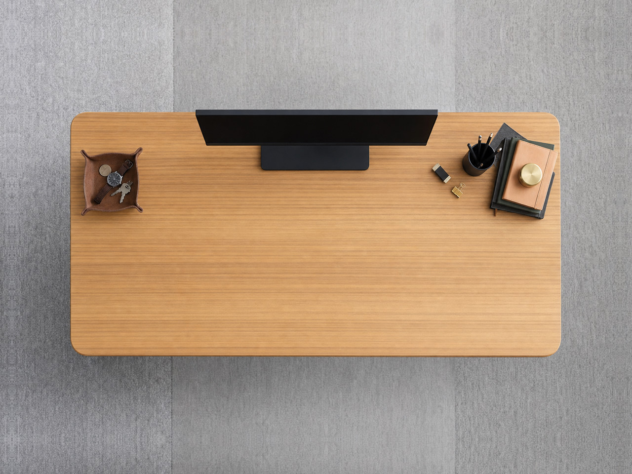 A JoyDesk desk topped in Bamboo at 1500mm, seen from above