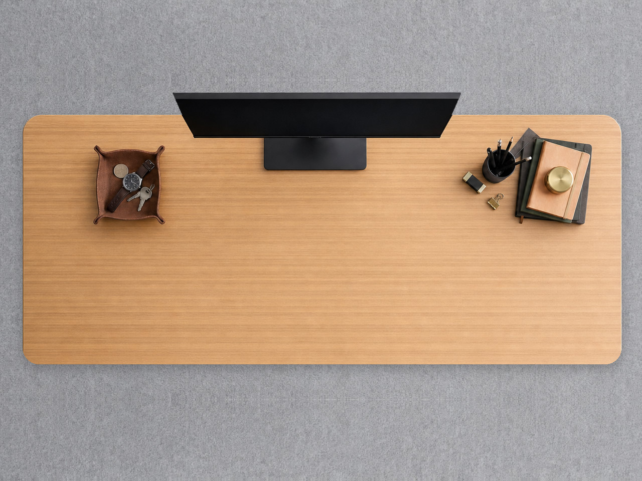 A JoyDesk desk topped in Bamboo at 1800mm, seen from above