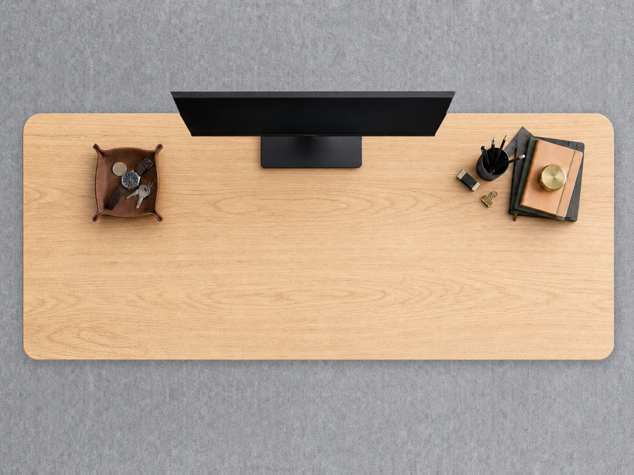A JoyDesk desk topped in Light Oak Rubberwood at 1800mm, seen from above