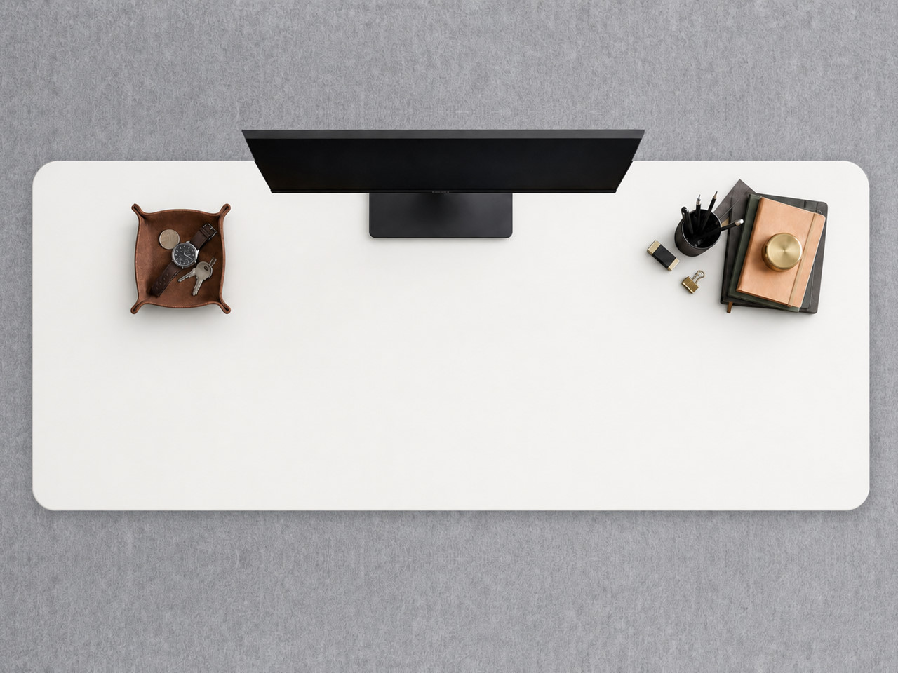 A JoyDesk desk topped in White Laminate at 1800mm, seen from above