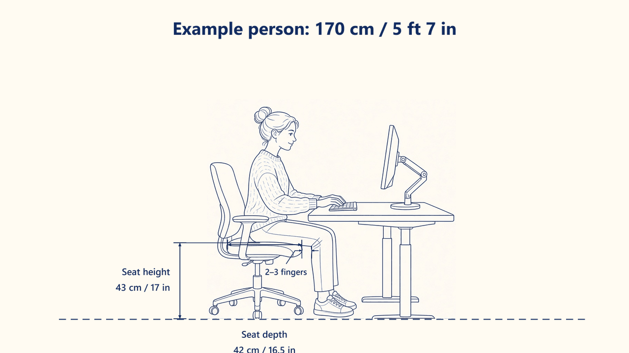 Side-view guide for a 170 cm person sitting in an office chair: seat height 43 cm (17 in), seat depth 42 cm (16.5 in), and a 2–3 finger gap behind the knee.